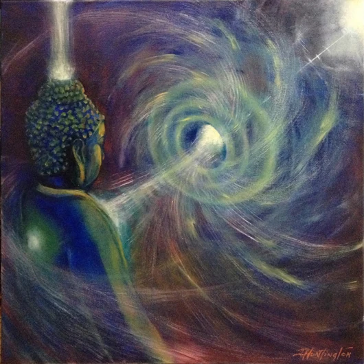A seated Buddha faces a swirling field of blue, green, and violet light, with a beam above the crown.