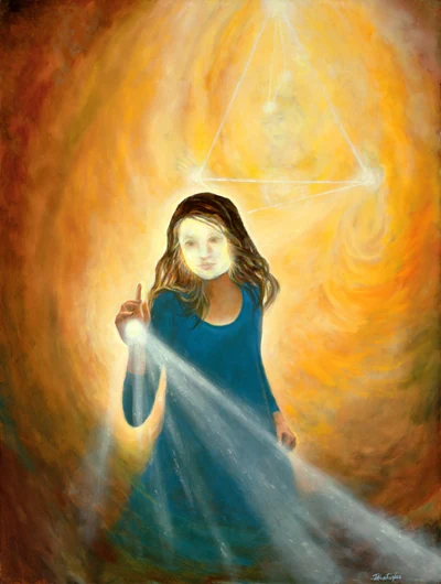 A woman in a blue dress releases white light from her raised hand beneath a glowing triangular form.