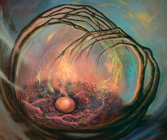Curving branches cradle a glowing nest and a single egg within a swirling turquoise and orange field.