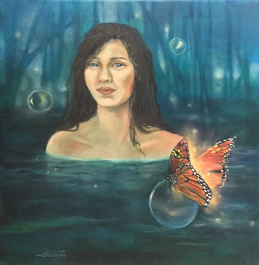 A woman stands in blue-green water with a butterfly resting near a transparent sphere.