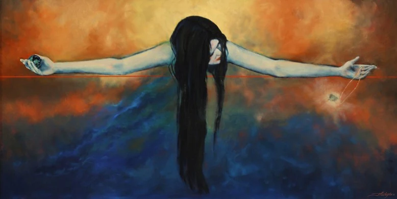 A woman with outstretched arms stands between an orange sky and deep blue water.