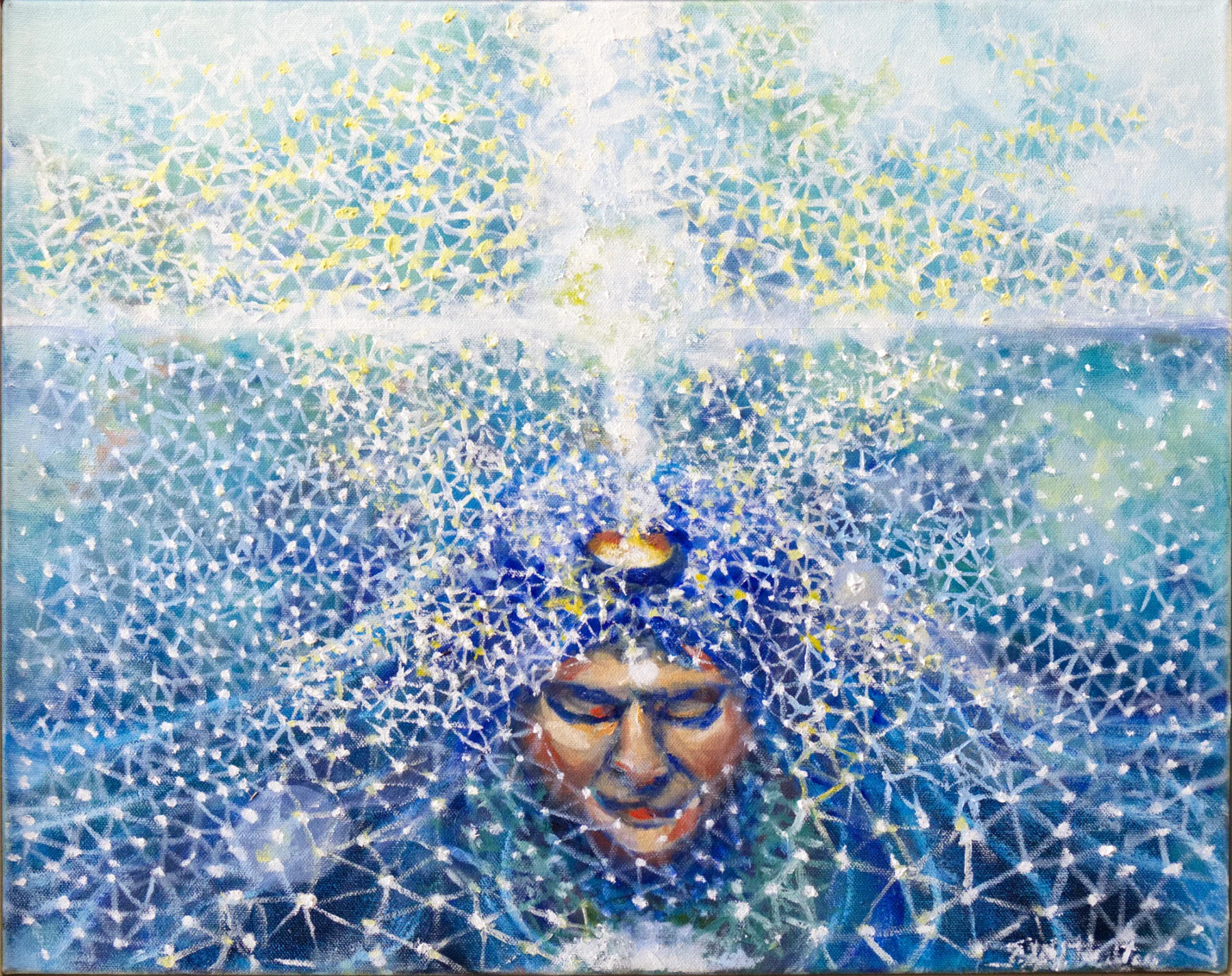 A meditating face is surrounded by a fine web of light, with a bright column rising above the crown.
