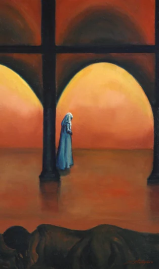 A small robed figure stands near dark archways opening onto a glowing orange distance.