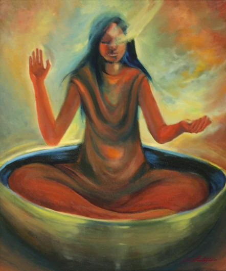 A seated woman raises one hand from inside a large bowl, surrounded by flowing green and golden light.