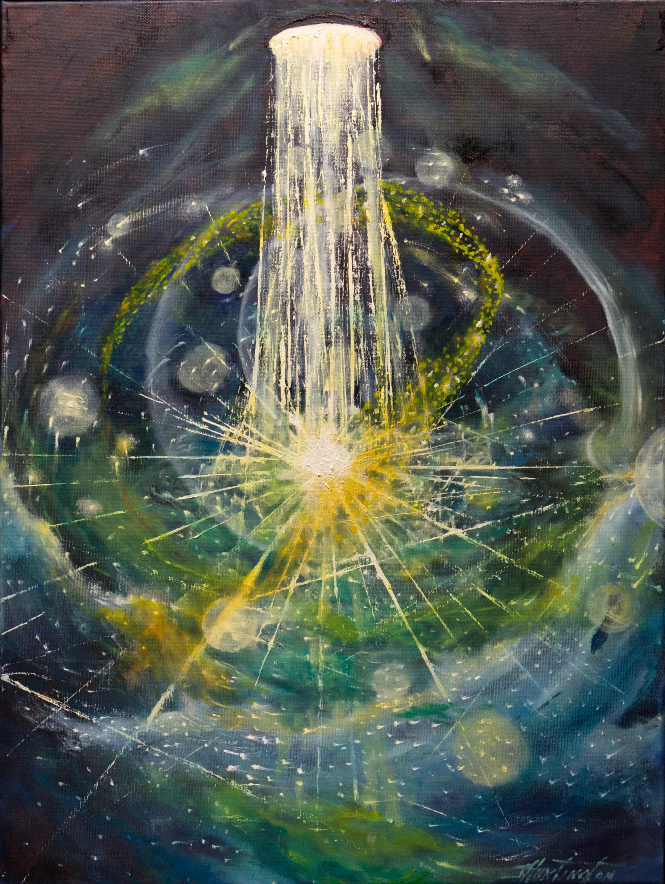 A white column of light streams into a golden center surrounded by green and blue webs of energy.