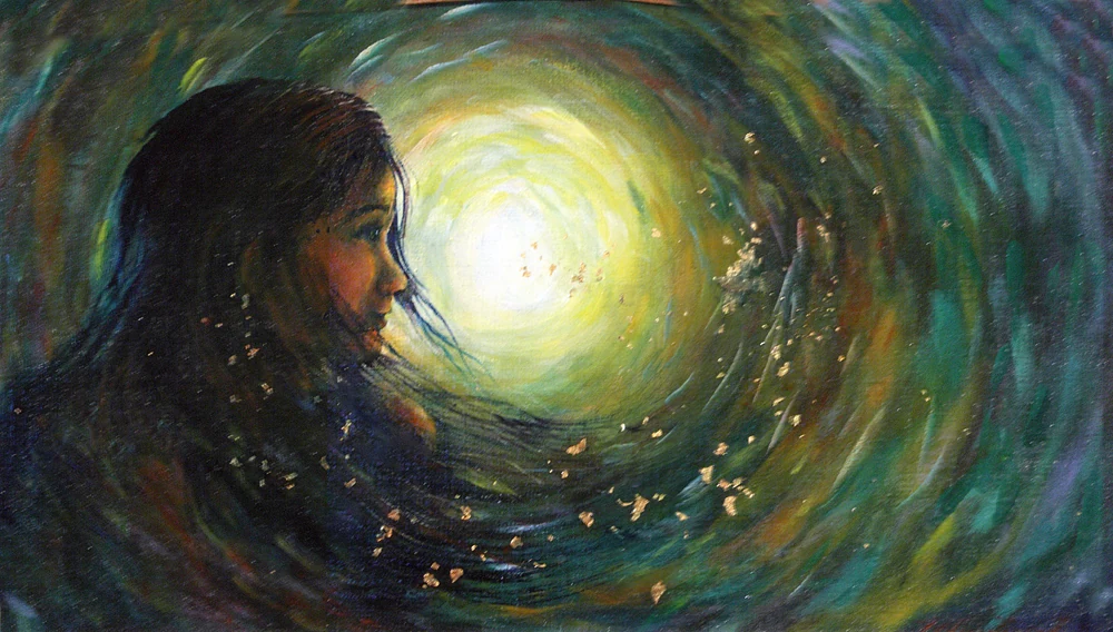 A woman’s dark hair flows into a green and blue spiral around a bright golden center.