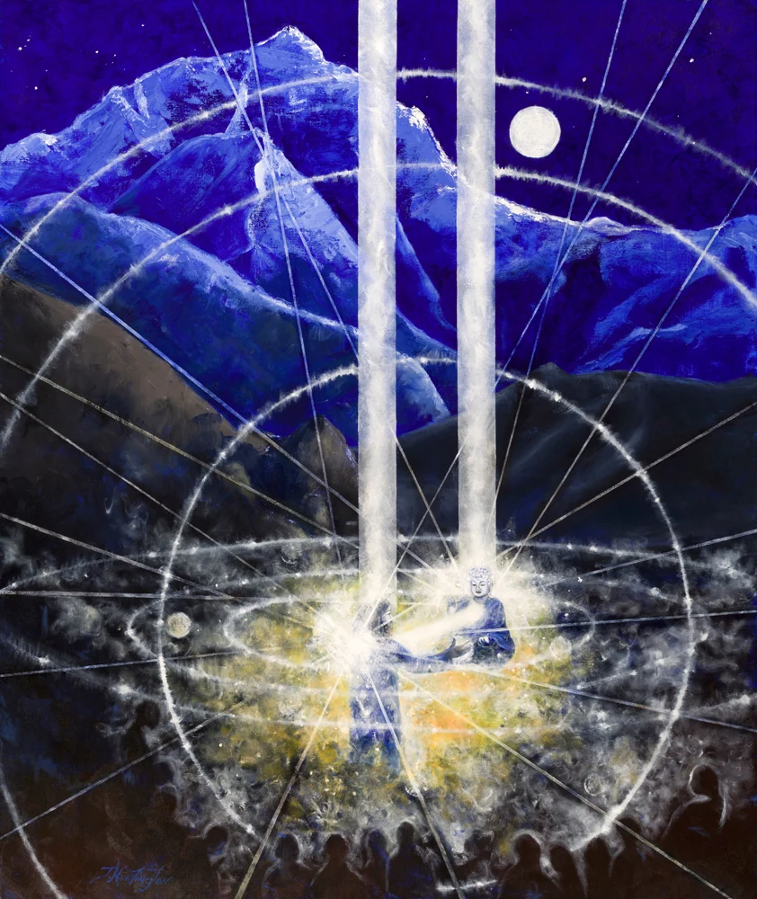Bright pillars and fine white arcs of light cross a mountainous blue landscape beneath a full moon.